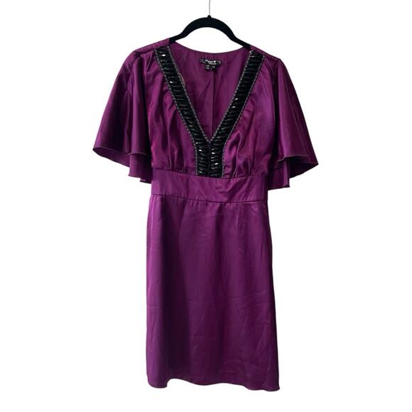 Sequin Hearts Short Sleeve Cape Detail Front Jeweled A Line Dress Purple Size M - Picture 1 of 9